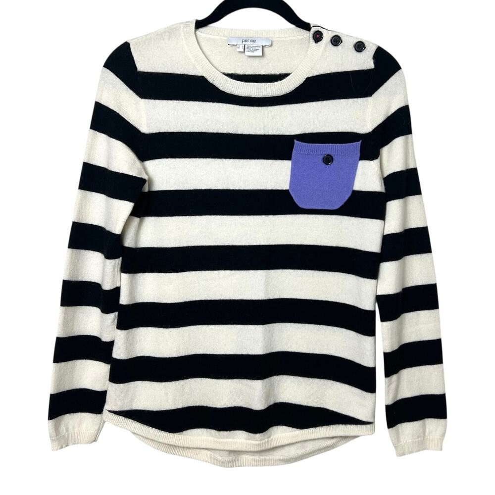 Per Se Black & Ivory Stripe Cashmere Sweater Purple Elbow Patches Size Small